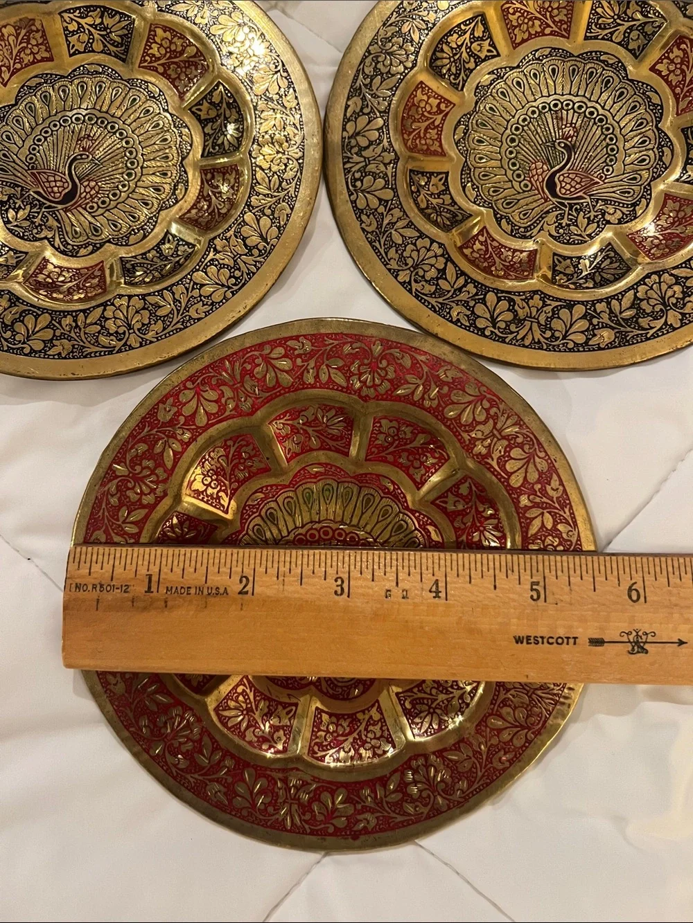 4 Decorative Peacock Brass Wall Plates. Gold w Purple, Blue, Black & Red Accents
